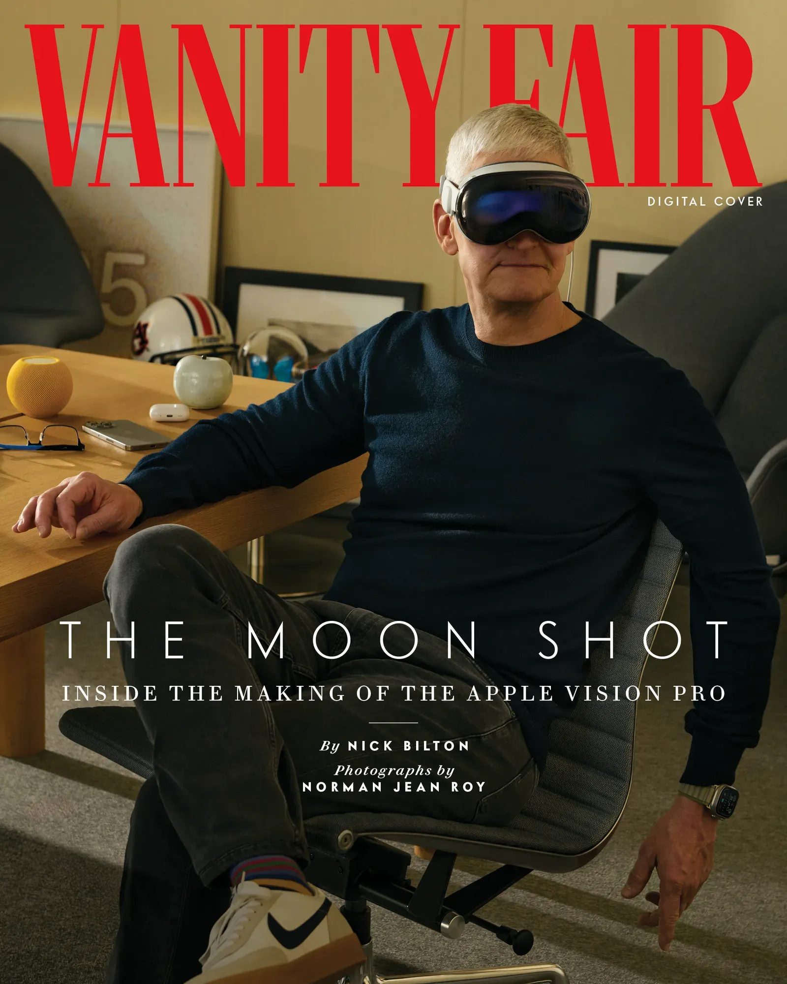 A photo showing the digital cover of the Vanity Fair issue with a profile of Tim Cook and Apple's Vision Pro. Tim Cook is sitting on his office chair, wearing a Vision Pro
