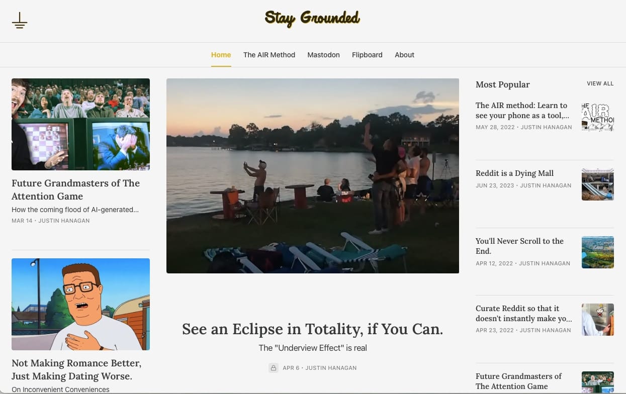 A screenshot of Stay Grounded's homepage